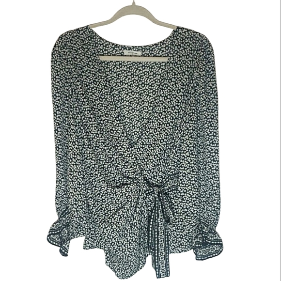 Max Studio Tops - Max Studio Tie Front Wrap Blouse Black Green White Floral Long Sleeve V-neck